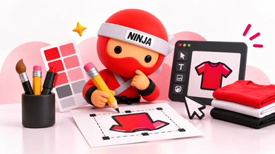 Ninja POD mascot drawing a design inside a dashed print area, next to a design app showing a T-shirt and a stack of folded shirts