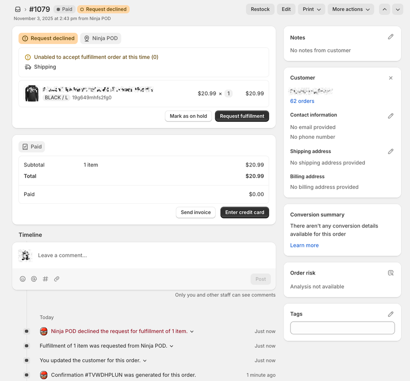 Fulfillments Being Declined